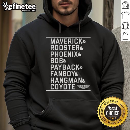 Official Maverick Cast Name Stack Logo Hoodie featuring bold logo design on a stylish black background.