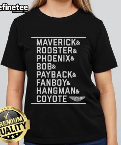 Official Maverick Cast Name Stack Logo Ladies Tee showcasing a stylish design perfect for fans and casual wear.
