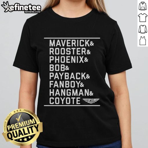 Official Maverick Cast Name Stack Logo Ladies Tee showcasing a stylish design perfect for fans and casual wear.