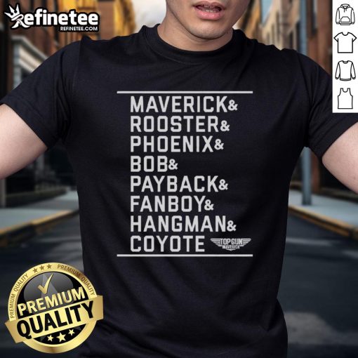 Official Maverick Cast Name Stack & Logo T-Shirt featuring bold graphics and a stylish design for fans of the movie.