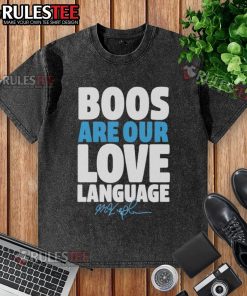 Official Max Kepler Philadelphia Phillies 'Boos Are Our Love Language' signature washed t-shirt displayed on a hanger.