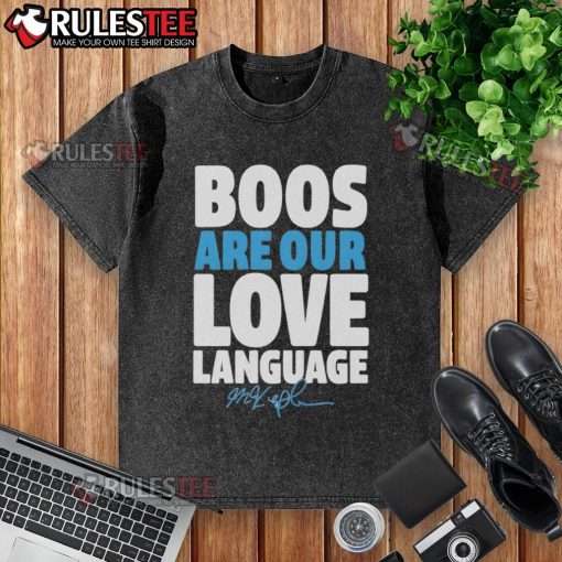 Official Max Kepler Philadelphia Phillies 'Boos Are Our Love Language' signature washed t-shirt displayed on a hanger.