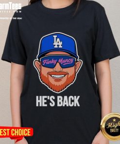 Official Max Muncy Los Angeles Dodgers Funky Muncy He's Back 2025 Ladies Tee featuring vibrant design and team colors.
