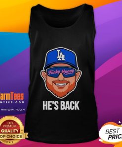 Max Muncy wearing a vibrant tank top featuring 'Funky Muncy, He's Back 2025' design for Los Angeles Dodgers fans.
