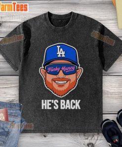 Max Muncy Los Angeles Dodgers Funky Muncy He's Back 2025 washed t-shirt displayed on a hanger, showcasing team pride.