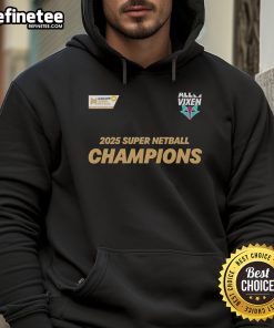 Alt Text: Official Melbourne Vixens 2025 Champions Hoodie in team colors, showcasing pride and celebration for the netball victory.