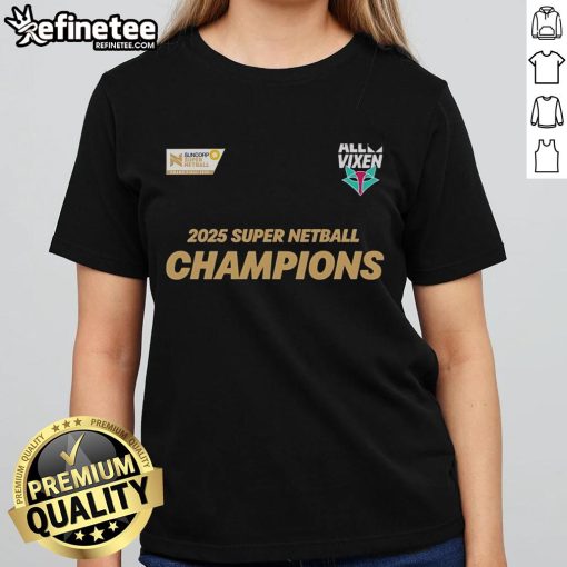 Official Melbourne Vixens 2025 Champions ladies tee showcasing team logo and vibrant design for fans and supporters.
