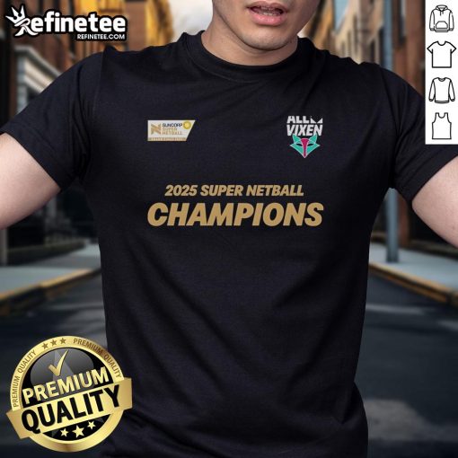 Official Melbourne Vixens 2025 Champions T-Shirt featuring vibrant team colors and logo, perfect for fans.