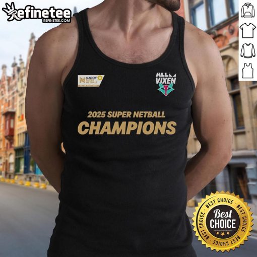 Official Melbourne Vixens 2025 Champions Tank Top showcasing vibrant team colors and logo for fans and supporters.