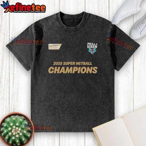 Official Melbourne Vixens 2025 Champions washed t-shirt featuring team logo and vibrant colors for fans and supporters.
