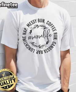 Mom wearing 'Messy Bun Coffee Run Gangsta Rap' T-shirt, embodying fun and stylish mom life on the go.
