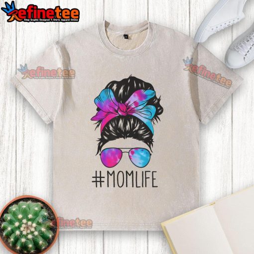 Mom wearing a tie-dye T-shirt with 'Messy Hair Bun' design, perfect for Mother's Day celebrations.