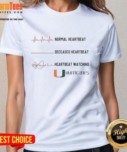 Alt Text: Official Miami Hurricanes NCAA Heartbeat Watching Match Ladies Tee with vibrant team colors and logo design.