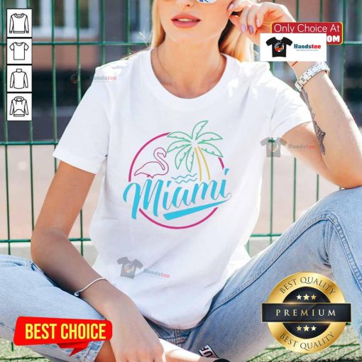 Official Miami Neon Flamingo Logo Ladies Tee featuring vibrant colors and stylish design for trendy summer fashion.