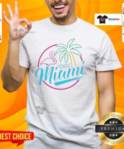 Alt Text: Official Miami Neon Flamingo Logo T-Shirt featuring a vibrant flamingo design on a stylish, casual tee.