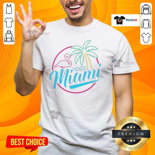 Alt Text: Official Miami Neon Flamingo Logo T-Shirt featuring a vibrant flamingo design on a stylish, casual tee.