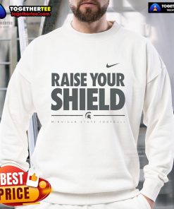 Official Michigan State Spartans 'Raise Your Shield' sweatshirt featuring team colors and logo, perfect for fans.