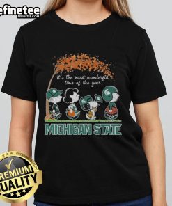 Official Michigan State Spartans Snoopy Peanuts tee for ladies, perfect for holiday cheer and celebrating the season.