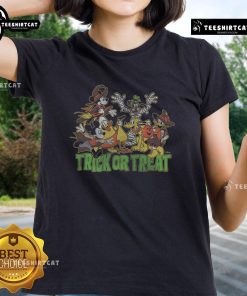 Official Mickey and Friends Trick or Treat Ladies Tee featuring vibrant Halloween graphics and playful character designs.