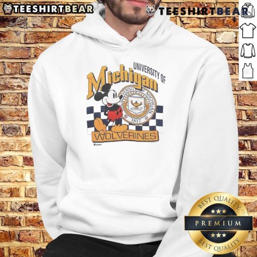 Alt Text: Vintage Mickey Mouse University of Michigan Wolverines hoodie featuring iconic character and school colors.