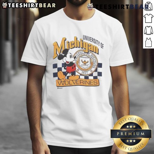 Alt Text: Vintage Mickey Mouse University of Michigan Wolverines T-shirt featuring iconic design and college colors.
