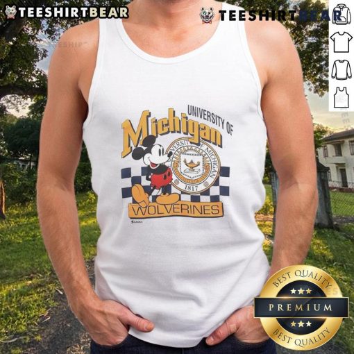 Official Mickey Mouse University of Michigan Wolverines vintage tank top featuring iconic Disney and college branding.
