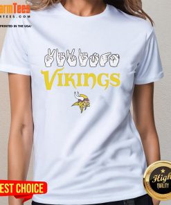 Alt Text: Official Minnesota Vikings Football Homage Youth Love Sign Hand Signals Ladies Tee showcasing team spirit and style.