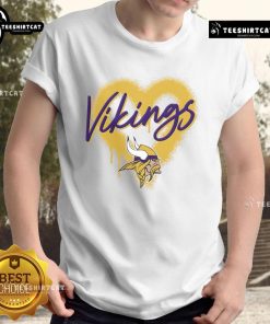 Alt Text: Official Minnesota Vikings Football Spray Heart T-Shirt featuring vibrant team colors and a stylish heart design.