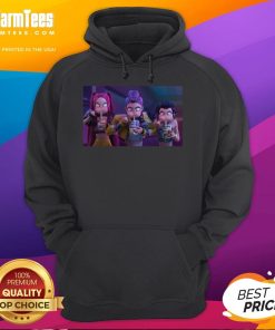 Mira Rumi and Zoey angrily eating ramyeon while wearing matching hoodies, showcasing a fun food moment.