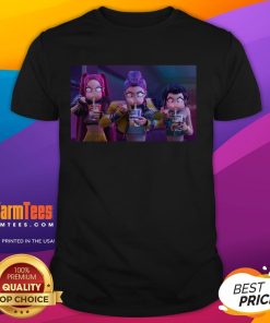 Alt Text: Mira Rumi & Zoey angrily eating ramyeon on a T-shirt, showcasing a fun and unique design for fans.