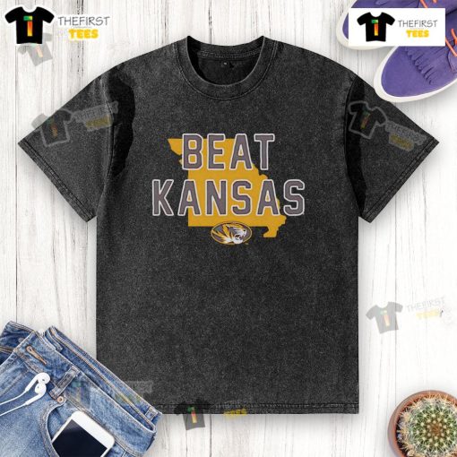 Official Mizzou Beat Kansas washed t-shirt featuring the Mizzou logo and vibrant team colors for fans.