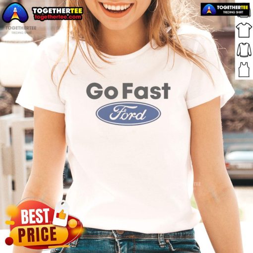Caitlyn Torres wearing the Official Motorheads Go Fast Ford Ladies Tee, showcasing a stylish automotive design.