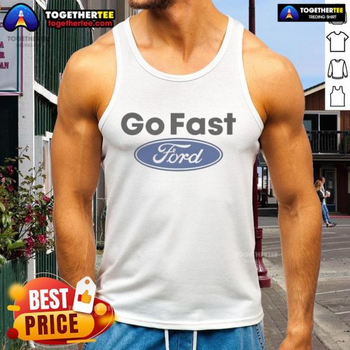 Alt Text: Caitlyn Torres wearing an Official Motorheads Go Fast Ford tank top, showcasing a stylish automotive fashion statement.