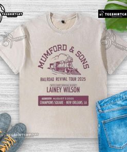 Alt Text: Official Mumford Sons Aug 3 2025 New Orleans LA washed t-shirt featuring band logo and vintage style design.