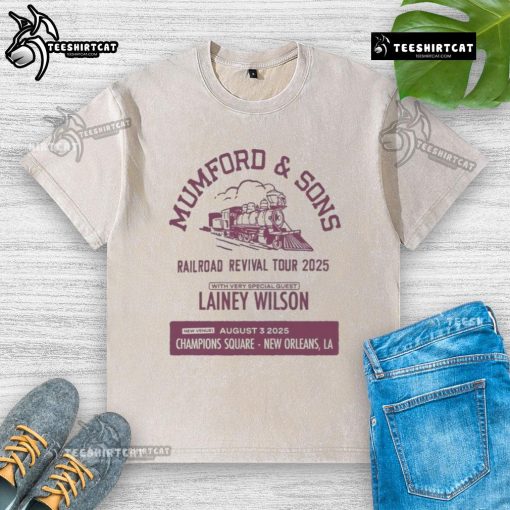 Alt Text: Official Mumford Sons Aug 3 2025 New Orleans LA washed t-shirt featuring band logo and vintage style design.