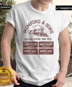 Alt Text: Official Mumford & Sons Aug 3-7, 2025 Railroad Revival Tour T-Shirt featuring vintage design and band logo.