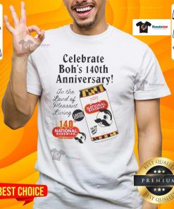 Alt Text: Official National Bohemian Celebrate Boh's 140th Vintage Anniversary Graphite T-Shirt showcasing retro design and logo.