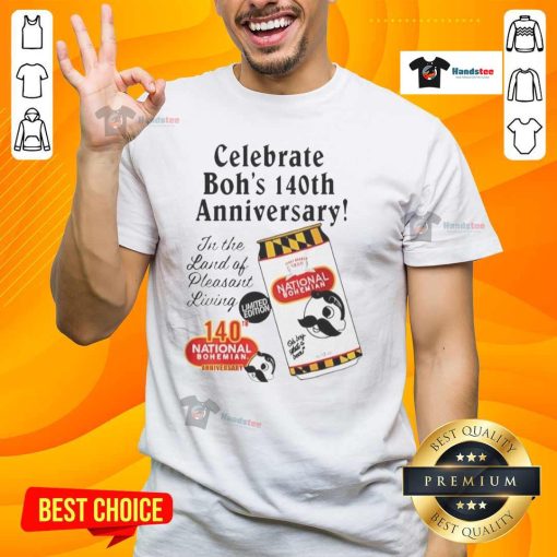 Alt Text: Official National Bohemian Celebrate Boh's 140th Vintage Anniversary Graphite T-Shirt showcasing retro design and logo.