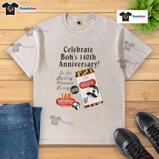 Official National Bohemian Celebrate Bohs 140th Vintage Anniversary Graphite Washed T-Shirt showcasing retro design.