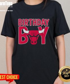 Alt Text: Official NBA Birthday Boy Chicago Bulls retro bold logo ladies tee featuring vibrant graphics and comfortable fit.