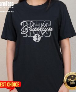 Alt Text: Official NBA Brooklyn Nets Blockletter Script Logo Ladies Tee in stylish design, perfect for fans and casual wear.
