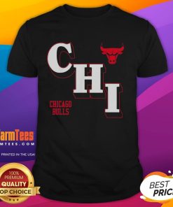 Official NBA Chicago Bulls angled logo t-shirt featuring the iconic bull logo on a stylish black background.
