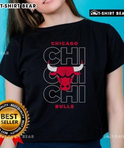 Alt Text: Official NBA Chicago Bulls Stacked City Logo Repeat Ladies Tee featuring a stylish, bold graphic design.