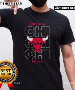 Alt Text: Official NBA Chicago Bulls Stacked City Logo Repeat T-Shirt featuring bold logos on a stylish black fabric.