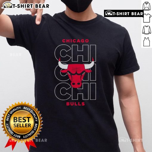 Alt Text: Official NBA Chicago Bulls Stacked City Logo Repeat T-Shirt featuring bold logos on a stylish black fabric.