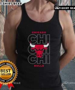 Alt Text: Official NBA Chicago Bulls stacked city logo repeat tank top featuring bold graphics and vibrant colors.