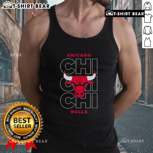 Alt Text: Official NBA Chicago Bulls stacked city logo repeat tank top featuring bold graphics and vibrant colors.
