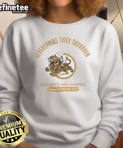 Alt Text: Official Neverending Tiger Squadron sweatshirt featuring 'No Limit, No Landing' and a white flag symbolizing peace.