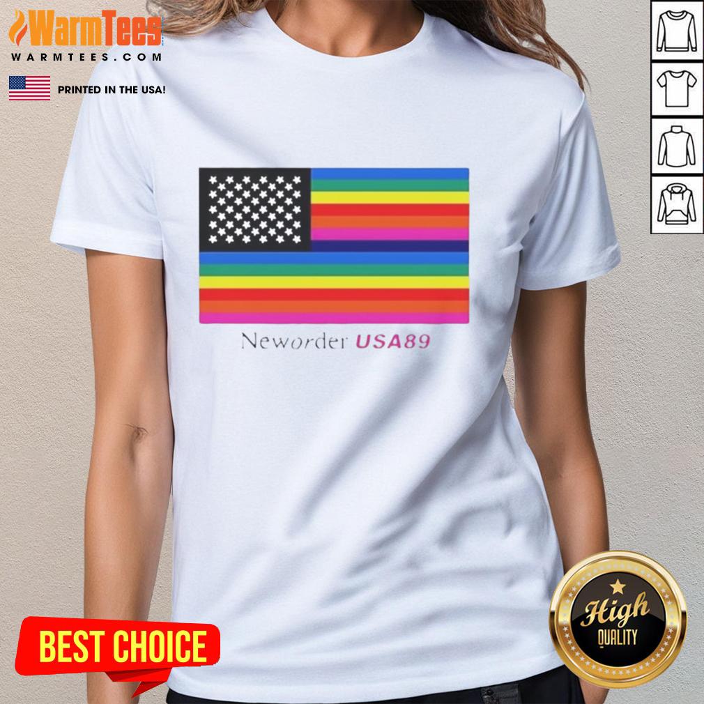 Official New Order Usa 89 Flag Ladies Tee Alt Text: Official New Order USA '89 flag ladies tee featuring vibrant graphics and a stylish fit for fans.