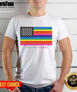 Official New Order USA '89 flag t-shirt featuring bold graphic design, perfect for fans of the iconic band.
